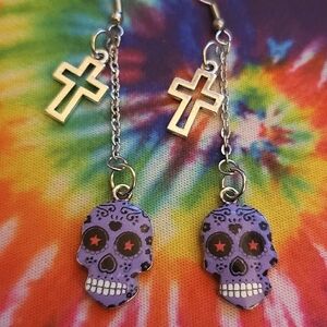 Purple Halloween Candy skull Day of the Dead dangle chain earrings